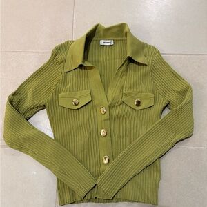 Sandro Paris Ribbed Knit Polo Cardigan - Lime Green with Gold Buttons size S
